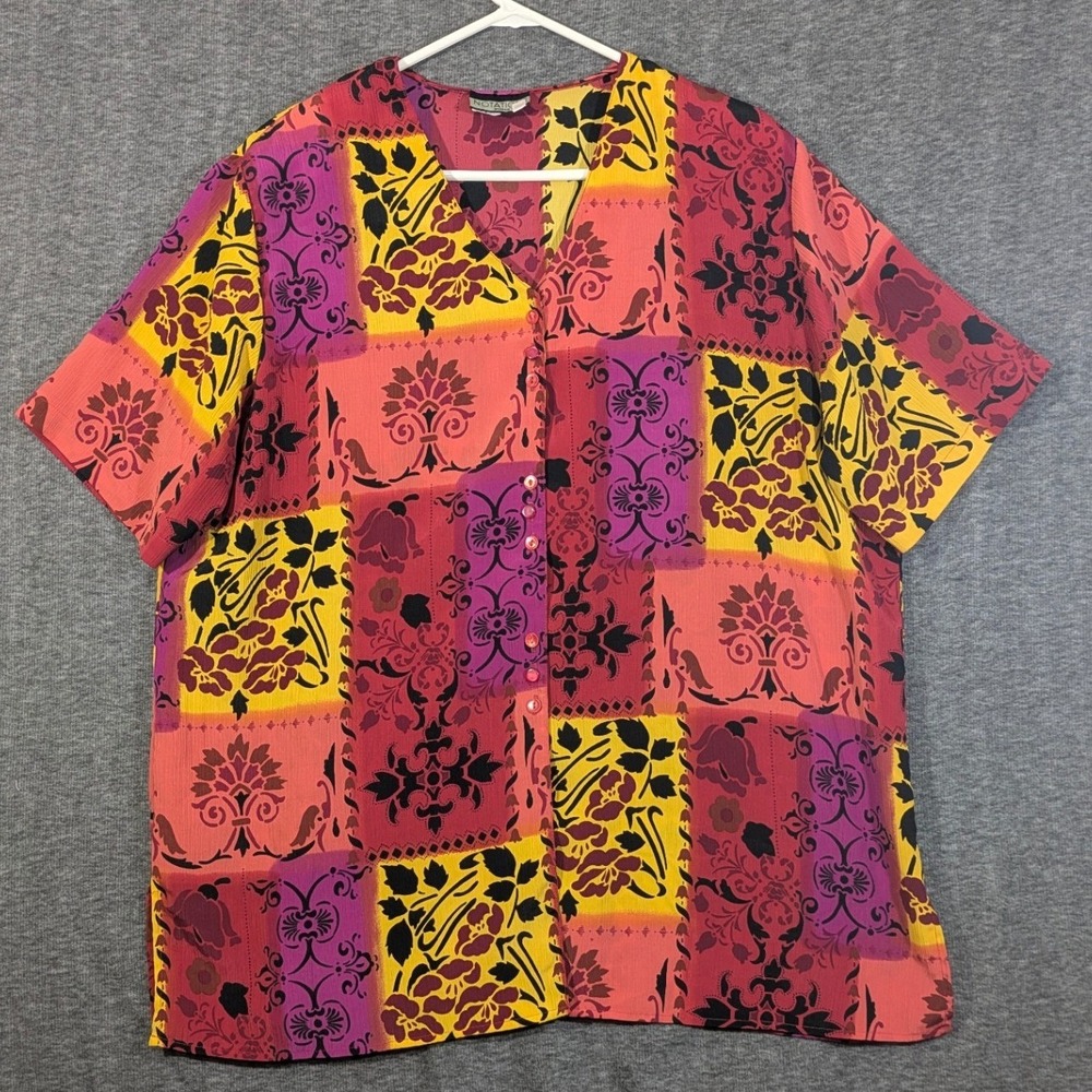 Notations Woman Patchwork Floral Button Front Blouse Magenta‎ Yellow Plus 18W